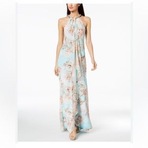 Calvin Klein Draped Chiffon Halter Gown Blue Floral Size 8